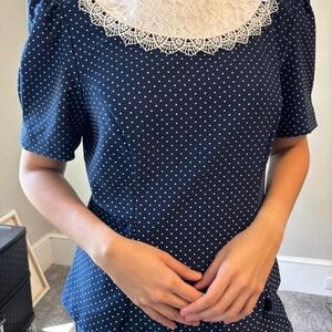 Vintage Cottagecore NavyBlue Polka Dot Prairie Set Embroidered Round neck-Medium